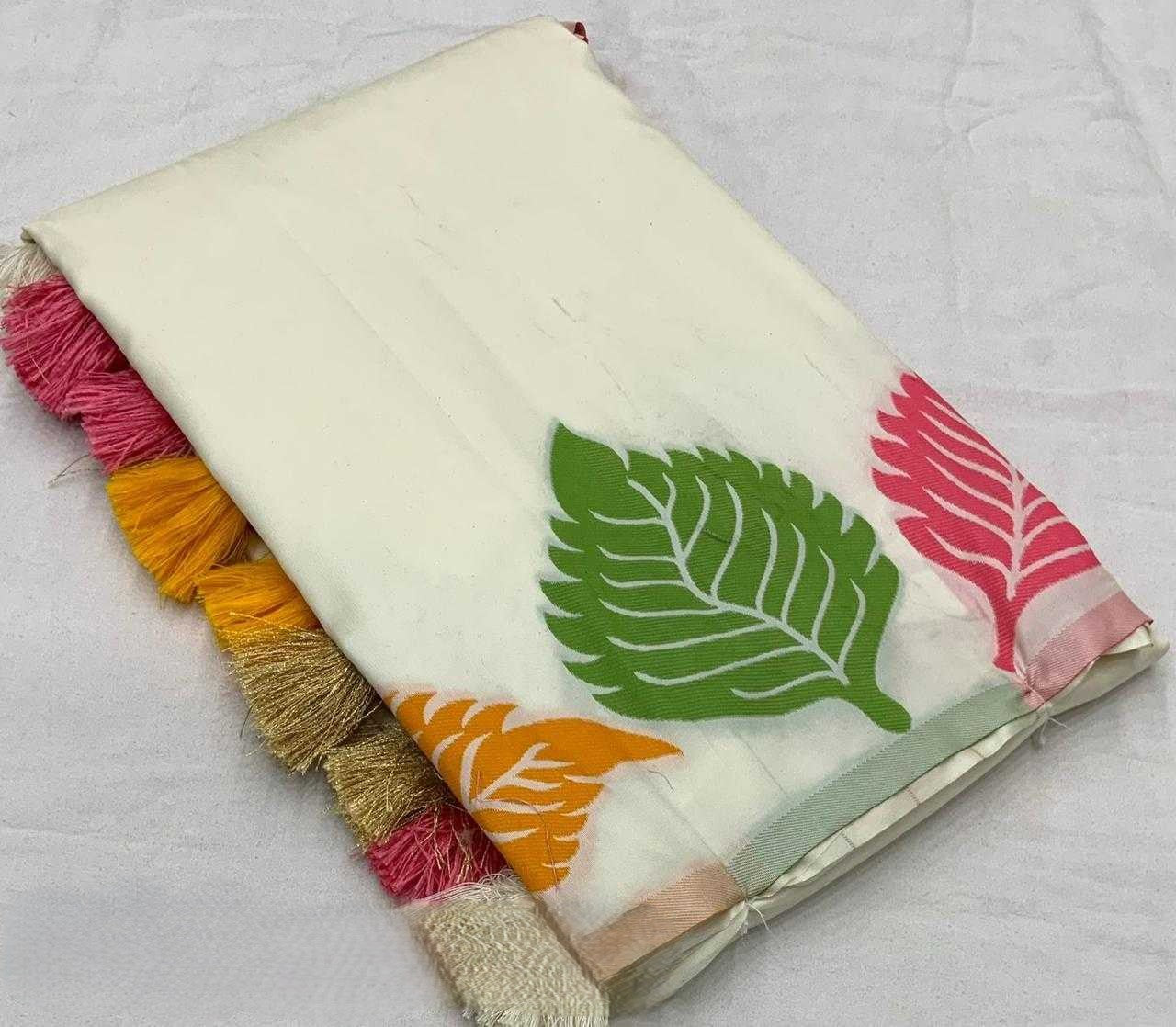 Ivory Bloom – Multicolor Leaf Print Soft Silk Saree