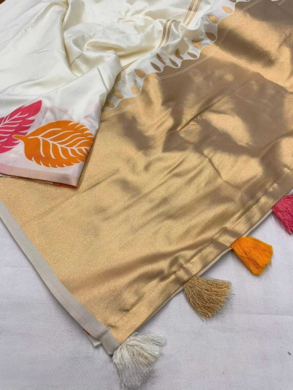 Ivory Bloom – Multicolor Leaf Print Soft Silk Saree