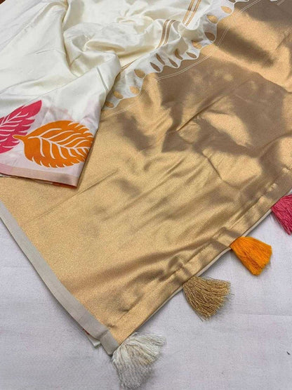 Ivory Bloom – Multicolor Leaf Print Soft Silk Saree