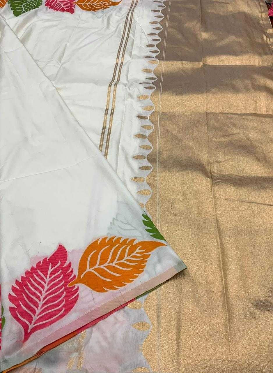 Ivory Bloom – Multicolor Leaf Print Soft Silk Saree