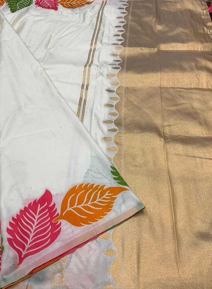 Ivory Bloom – Multicolor Leaf Print Soft Silk Saree