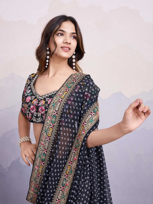 Elegant Black Georgette Printed Saree with Embroidered Border