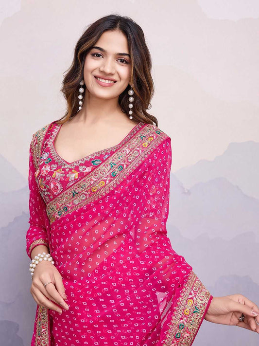 Pink Georgette Printed Saree with Embroidered Border – Grace Meets Glamour