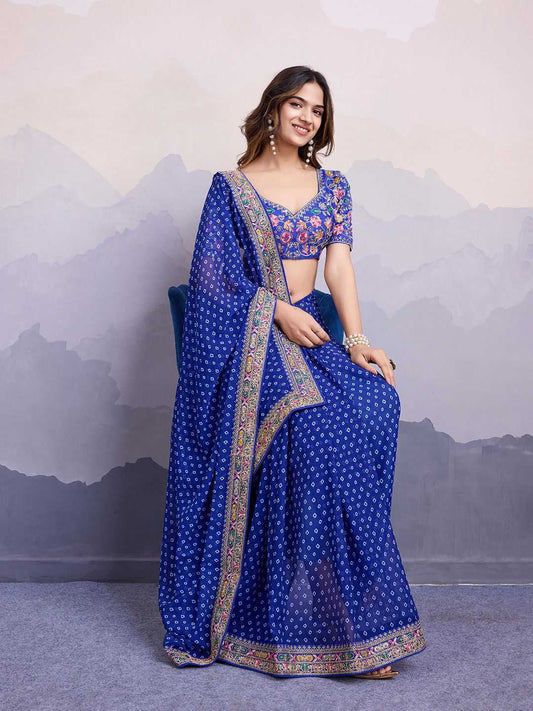 Royal Blue Georgette Printed Saree with Embroidered Border