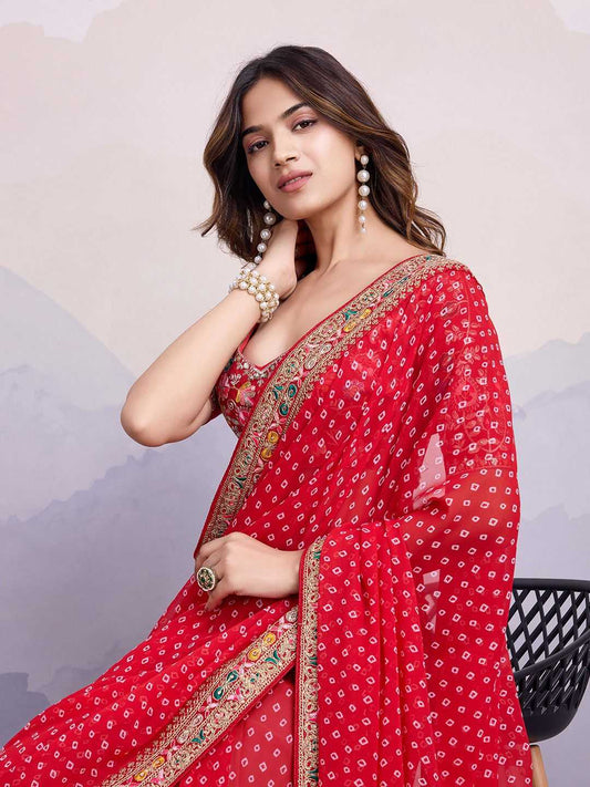 Red Georgette Printed Saree with Embroidered Border – Grace Meets Glamour