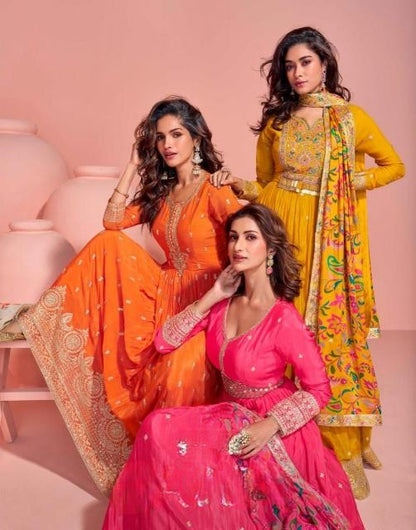 Elegant Pink Anarkali Dress with Gold Embroidery with light can-can