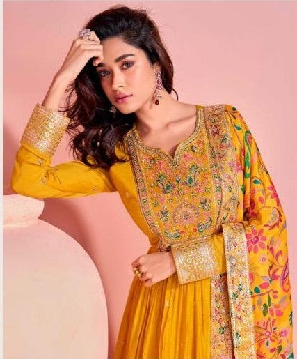Vibrant Yellow Embroidered Anarkali Dress with light can-can