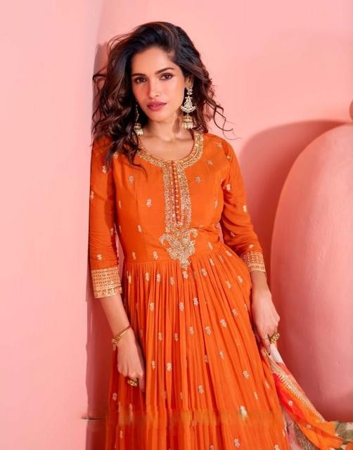 Vibrant Orange Embroidered Anarkali Dress with light can-can