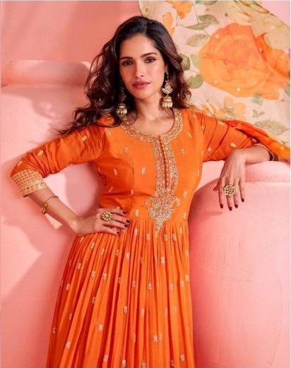 Vibrant Orange Embroidered Anarkali Dress with light can-can
