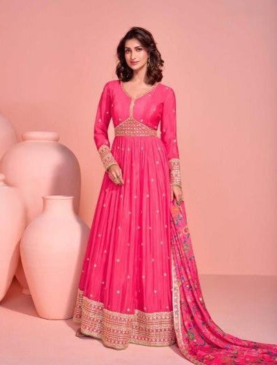 Elegant Pink Anarkali Dress with Gold Embroidery with light can-can