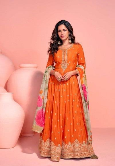 Vibrant Orange Embroidered Anarkali Dress with light can-can