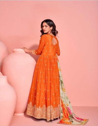 Vibrant Orange Embroidered Anarkali Dress with light can-can