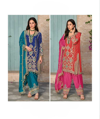Elegant Embroidered Pink and Red Traditional Kurta with Trouser & Dupatta Set